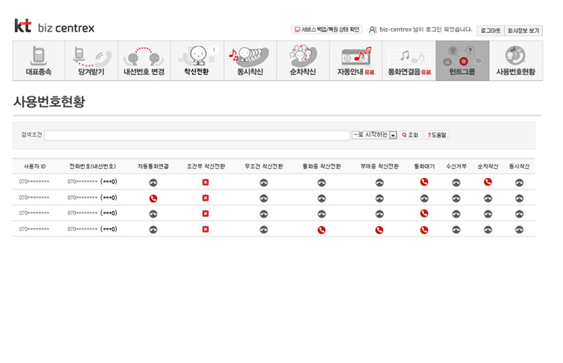 사용자 ID입력 후 조회 후 현재 사용중인 부가서비스 확인 페이지 예시 